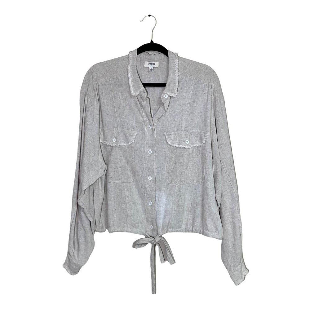 Umgee Textured Linen/Cotton Oversized Frayed Collar Draw String Waist Oatmeal Si